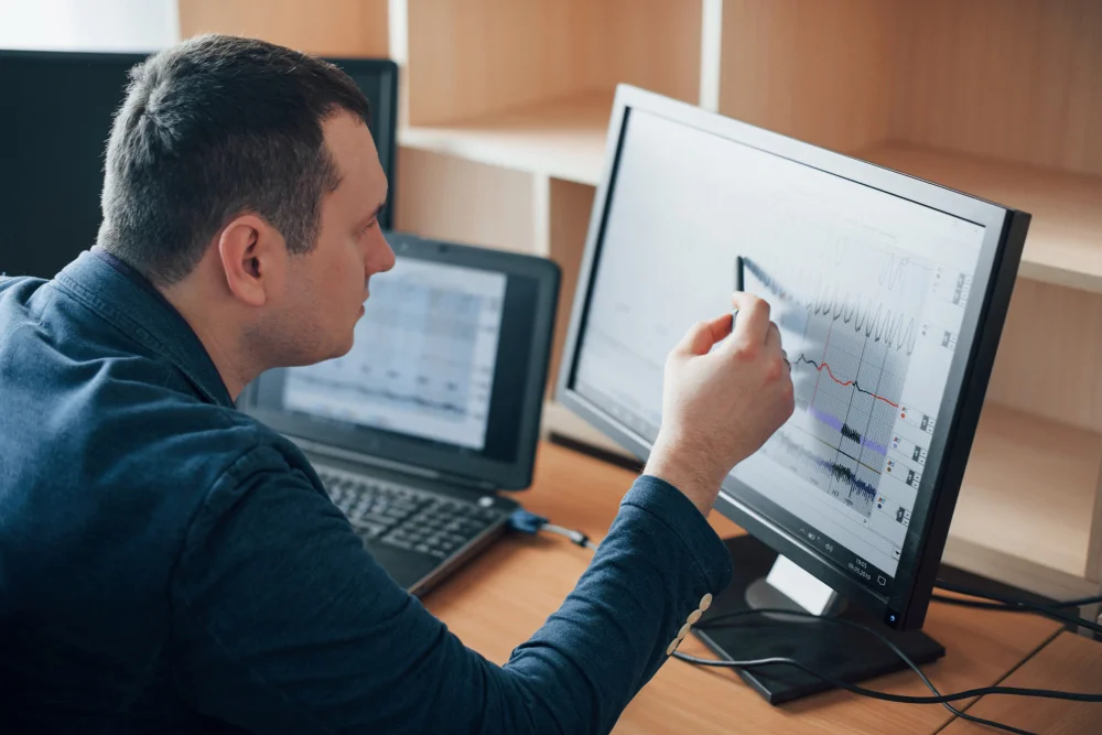 Hombre revisando estadísticas de software contable para empresa