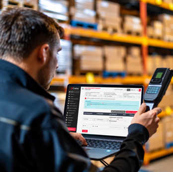 Operario utilizando sistema contable con control de inventario